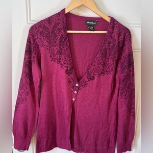 Eddie Bauer Women’s Size Medium Angora Cardigan cozy Cape Cod Burgandy Wine.